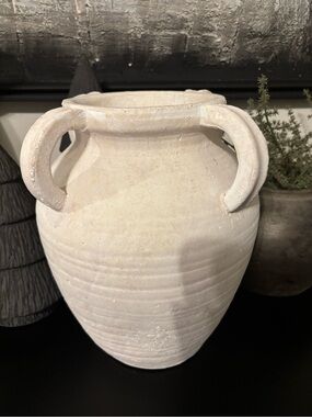 Neutral White Vintage Style Four Handle Ribbed Decorative Vase-Large